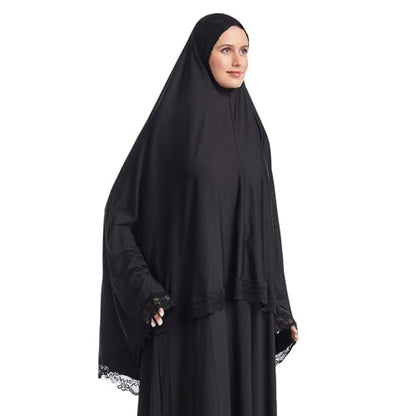 Muslim Women's Instant Big Hijab Jersey Turbans Khimar Abaya Soft Prayer Scarf, 1pc Lace - color: Black, size: Large