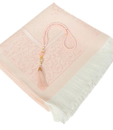 Prien Muslim Prayer Rug with Tasbih and Portable Bag, Muslim Gift for Women Men, Mubarak Islamic Box, Soft Mat Islam Gifts Set, Turkish Sajadah for Ramadan, Eid, Hajj, Travel, Pray (Powder Pink) - color: Powder Pink