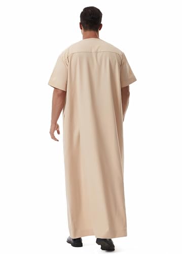 Muslim Men Abaya Short Sleeve Kaftan Islamic Arab Robe Men Dishdasha Zipper Robe Ethnic Clothes Dubai Travel Thobe - color: Beige, size: Large