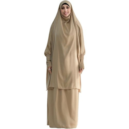 Muslim Women Abaya Two Pieces Set Prayer Dress Elasticated Sleeves Islamic Robe Modest Full Cover Prayer Clothes - color: Apricot