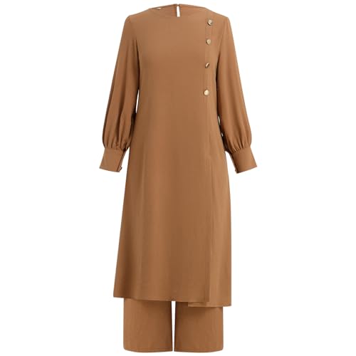 IDOPIP Abaya Dress for Women Muslim Set Long Sleeve Ramadan Islamic Dress Shirt with Pants 2PCS Dubai Prayer Casual Clothes - color: Khaki - Split, size: Small