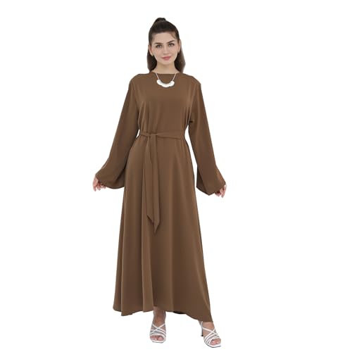 Women Abaya Dress with Belt Muslim Bell Sleeve Robe Islamic Prayer Jilbab | with Belt, A-line Skirt, Bell Sleeve - color: Dark Coffee, size: Large