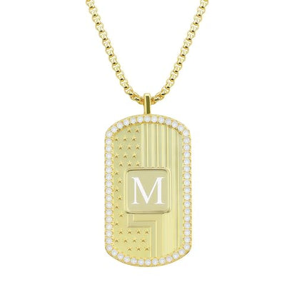 American Flag 18K Gold Plated Initial Dog Tag Alphabet Pendant Necklace for Men&Women, A to Z Copper Pendant Necklace with CZ Stones, Personalized Letter Non-Tarnish Jewelry Gift - style: M