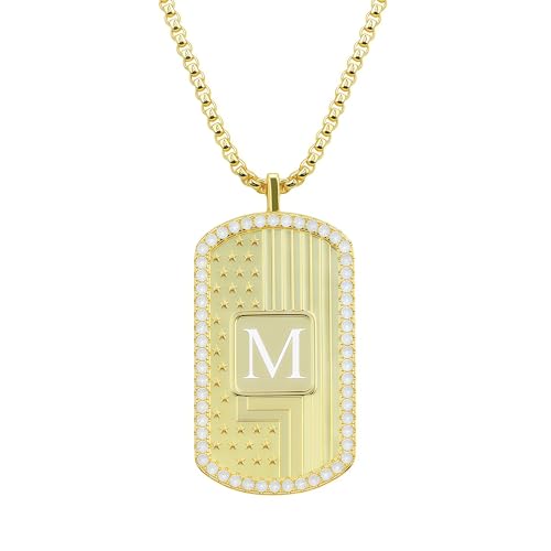 American Flag 18K Gold Plated Initial Dog Tag Alphabet Pendant Necklace for Men&Women, A to Z Copper Pendant Necklace with CZ Stones, Personalized Letter Non-Tarnish Jewelry Gift - style: M