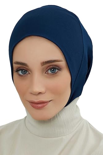 Aisha's Design Instant Turban 95% Cotton Head Scarf Headwear Combed Cotton Ninja Cap, Slip on Jersey Hijab - color: Navy Blue