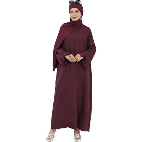 Women 1PC Abaya Dress Simple Kaftan Eid Dress for Women Muslim Casual Robe Fashion Jilbab Dubai Travel Outfits - color: Wine, size: Large