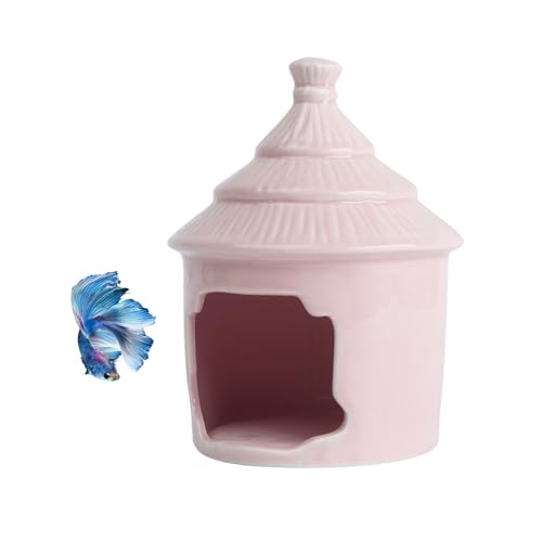 Saim Ceramic Grass Hut Small House Aquarium Decor, Pink Betta Hideout Cave | filters water, smooth glaze protects fins, spacious for shrimp/play, also hamster hideout, freshwater/saltwater - color: Pink