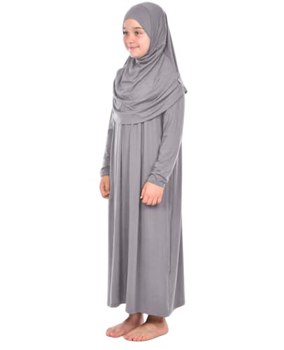 Prien Kids Prayer Dress Muslim Clothes for Girls Long Sleeve Abaya with Hijab Two Piece Maxi Islamic Set Scarf Kaftan Jilbab - color: Grey