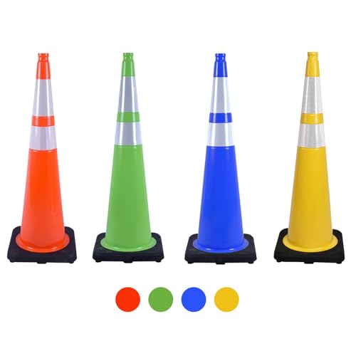 8 Pack 36 Inch Yellow Traffic Cones with Reflective Strips, Large Black Base Safety Cones for Industrial Sites, Warehouses and Emergency Marking (8, Yellow, 36 Inch) - color: Yellow, size: 36 Inch