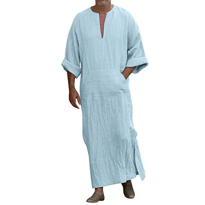 Mens Muslim Kaftan Thobe Saudi Arabic Islamic Middle East Robes Long Sleeve Breathable Clothing Ramadan Jubbah - color: Light Blue-d, size: Medium