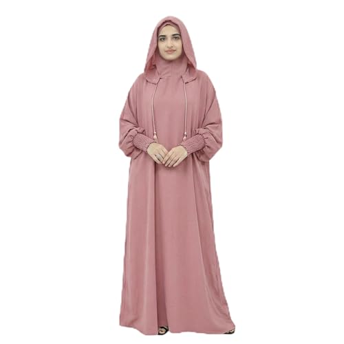 Abaya Muslim Dress Women Prayer Dress Long Sleeve Hooded Loose Maxi Dress Arabian Dubai Islamic Clothes - color: Pink