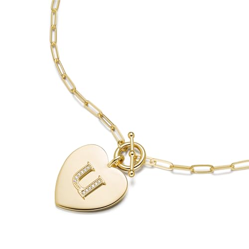 14K Gold Filled Heart Initial Necklace for Women, Dainty Alphabet Pendant Necklace with Paperclip Chain, Hypoallergenic Jewelry Gift for Her - color: Letter U