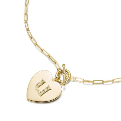14K Gold Filled Heart Initial Necklace for Women, Dainty Alphabet Pendant Necklace with Paperclip Chain, Hypoallergenic Jewelry Gift for Her - color: Letter U