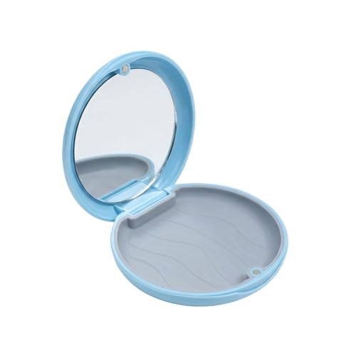 Blue Plastic Round Retainer Case with Mirror Mouth Guard Case Portable Aligner Case Denture False Box Organizer Braces Dental Storage Container for Invisalign