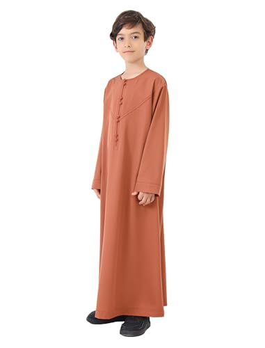 OBEEII Boy's Muslim Thobe Arab Long Sleeve Abaya Kaftan Robe Eid Ramadan Islamic Middle East Dubai Prayer Dress with Pockets - color: Camel, size: 5-6 Years
