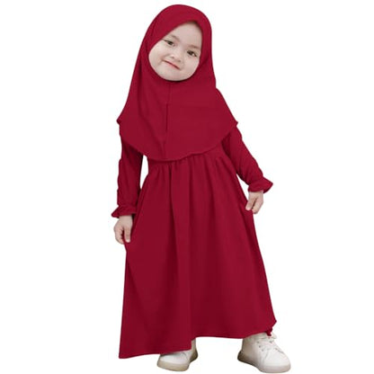 IWEMEK 2PCS Newborn Baby Girls Muslim Abaya Prayer Dress with Hijab Islamic Middle East Arab Dubai Robe Ramadan Eid Clothes - color: Burgundy, size: 6-12 Months
