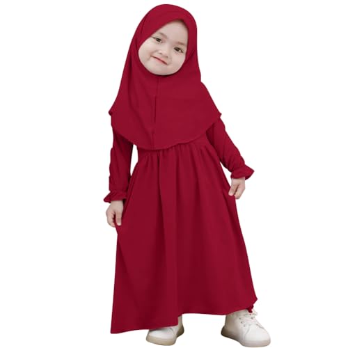 IWEMEK 2PCS Newborn Baby Girls Muslim Abaya Prayer Dress with Hijab Islamic Middle East Arab Dubai Robe Ramadan Eid Clothes - color: Burgundy, size: 18-24 Months