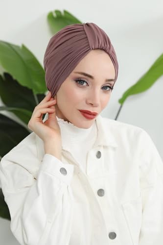 Aisha's Design Instant Turban Plain Cotton Scarf Head Wrap Lightweight Hat Bonnet Cap for Women - color: Dusty Rose