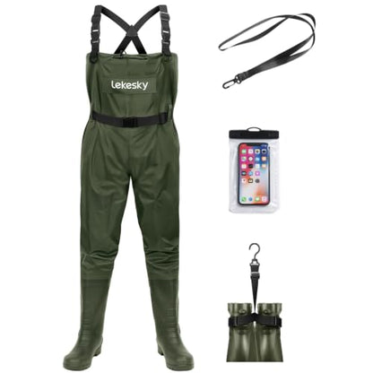 Lekesky Fly Fishing Chest Waders with Boots for Men Women, US Sizes 5–14,2-Ply Nylon/Pvc Waterproof Waders - color: Green, size: M10