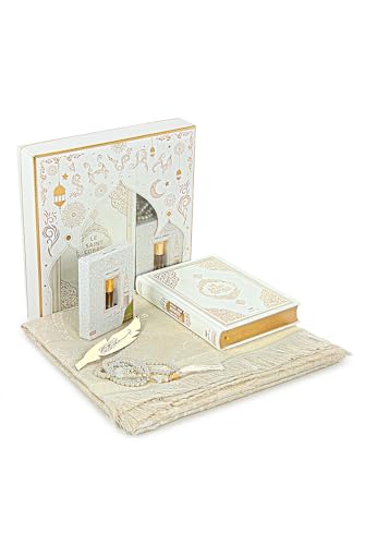ihvan online Prayer Gift Set for Hajj and Umrah, Muslim Prayer Rug, Prayer Mat, Beads Taasbih, Holy Quran Translated French, Praying Mat, Islamic Gift Set for Ramadan & Eid, White - color: French White