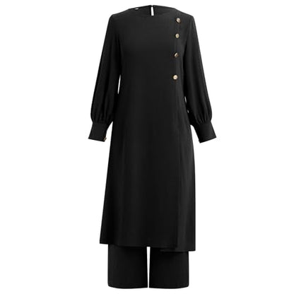 IDOPIP Abaya Dress for Women Muslim Set Long Sleeve Ramadan Islamic Dress Shirt with Pants 2PCS Dubai Prayer Casual Clothes - color: Black - Split, size: Medium