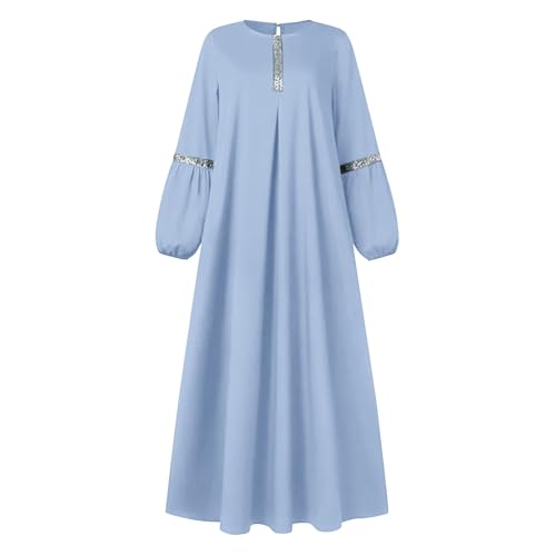 Muslim Prayer Dress Long Sleeve Round Neck Loose Abaya Maxi with Sequin Detail Flowy Sun Dress Casual Cover Up - color: 02#_light Blue, size: Large
