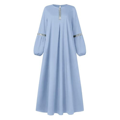 Muslim Prayer Dress Long Sleeve Round Neck Loose Abaya Maxi with Sequin Detail Flowy Sun Dress Casual Cover Up - color: 02#_light Blue, size: Large