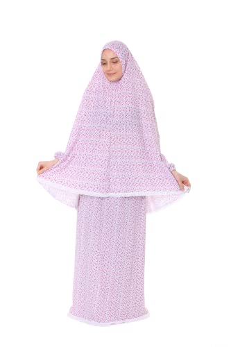 Islamic Dress for Women Prayer Clothes for Muslim Women 2 Piece Set Maxi Skirt with Hijab and Rosary Printed Dress - color: Pink