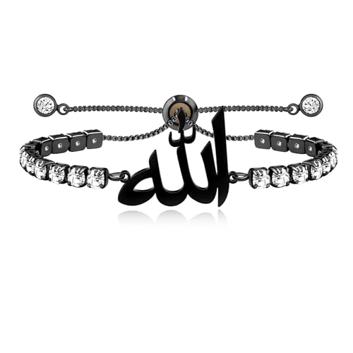 Allah Bracelet for Men and Women, Zircon Tennis Chain Adjustable Low Sensitivity Islamic True God Jewelry for Husband Wife Mom Dad's Religious Belief Gift - color: black