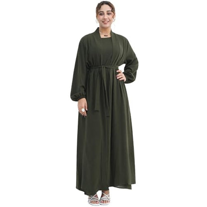 Women's Muslim Dress Two Pieces Set Islamic Prayer Abaya Modest Solid Color Muslim Outfits - color: Army Green Abaya, size: X-Large
