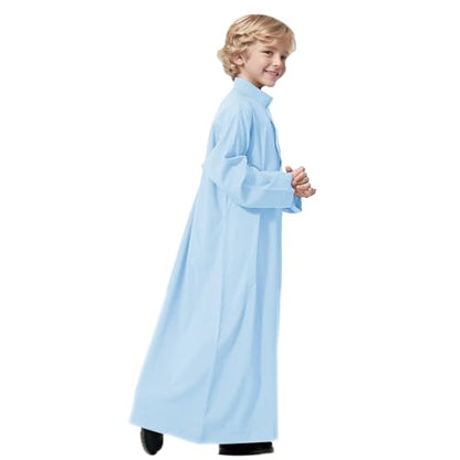 Arabic Thobe Muslim Thobe Long Sleeve Kaftan Crew Robe National Costume Teenage Boys Long Sleeve Embroidered Robe - color: Sky Blue, size: 7-8 Years