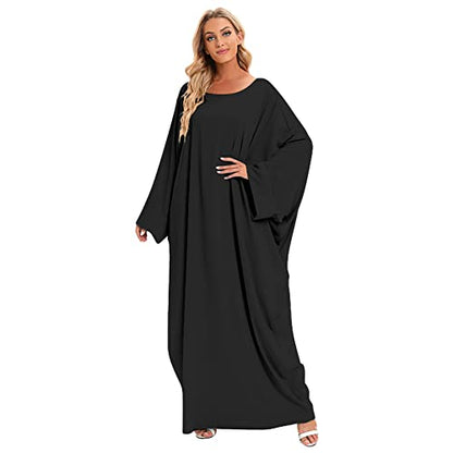 Muslim Dresses for Women, Long Sleeve Eid Islamic Prayer Jilbab Khimar Cardi Robe Middle East Maxi Abaya Dress - color: Black