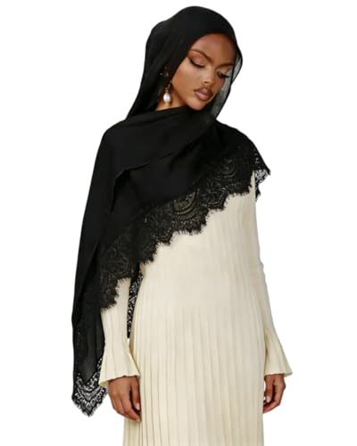 JUMISEE Elegant Floral Lace Hijab Scarf for Women Soft Cotton Head Wrap Instant Hijab Long Scarves Evening Dress Shawl - color: Black With Black Lace Trim