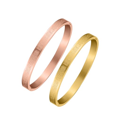 AYATUL KURSI Islamic Jewelry Bracelets Stainless Steel Openable Bangles Arabic Calligraphy Islamic Faith Gifts Messager Islamic Calligraphy Muslim Men Jewelry Bracelets Gift for Women - color: 1 Rose gold 1 Gold