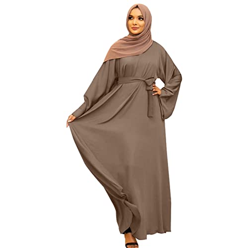 Casual Maxi Dresses for Women Long Sleeve Spring Pleated Flowy A Line Prayer Dress Muslim Dresses with Belt - color: Brown, size: Large