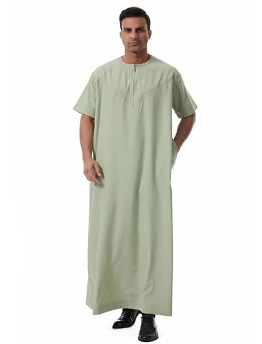 Muslim Men Abaya Short Sleeve Kaftan Islamic Arab Robe Men Dishdasha Zipper Robe Ethnic Clothes Dubai Travel Thobe - color: Green, size: Large