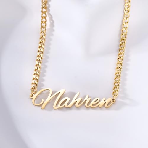 TinyName Custom Name Necklace Personalized 18K Gold Plated Nameplate Customized Jewelry Gift for Women - color: Horizontal Name Necklace-Curb Chain