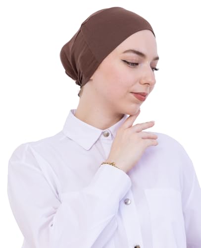 Prien Soft Undercap Hijab for Women, Cotton Islamic Bonnet, Muslim Head Scarf Inner Cap for Prayer Wear, Turban Hat Ramadan - color: Brown