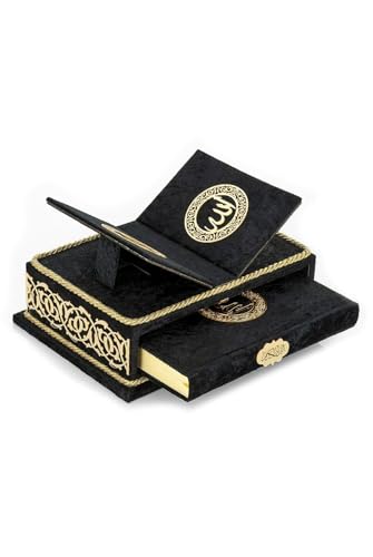The Holy Quran Velvet Box Sets | Special Quran Holder Stand | Luxury Islamic Gift | Spiritual Grace| Quran Dimension;6.6*9.4inch/17*24cm I Perfect Ramadan, Eid, Umrah Gift for Muslim Women Men (Black) - color: Black