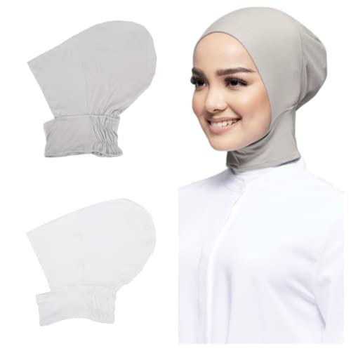 2 Pieces Jersey Muslim Inner Cap Stretch Turban Hijab Islamic Underscarf Bonnet Head Wear Neck Cover - color: Beige+white