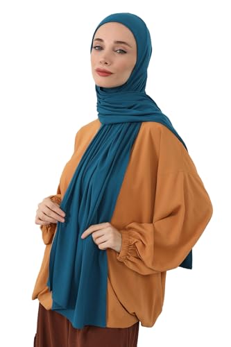 Aisha's Design Neck-Covering Practical Jersey Hijab with Built-In Ninja Bonnet - color: Petrol Blue