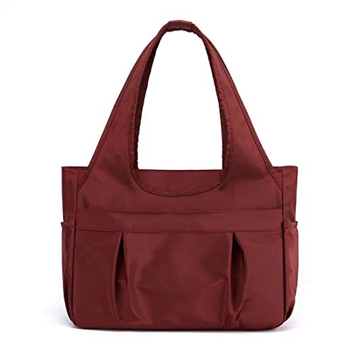 Tote Bag for Women Nylon Lightweight Large Handbag Purses Multi-pocket Shoulder Bag for Work Travel - color: Burgundy