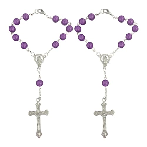 2PCS Purple Rosary Pendant for Rearview Mirror, Car Interior Rear View Mirror Charm Auto Decor, Medal and Cross Personalized Hanging Accessories for Women and Men - color: Purple