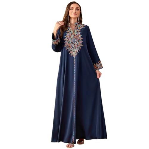 Muslim Abaya Dress for Women Dubai Robe Floral Embroidery Moroccan Kaftan Ramadan Middle East Prayer Islamic Clothing - color: Navy Blue, size: X-Large