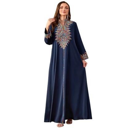OBEEII Abayas for Women Muslim Applique Embroidery Long Sleeve Maxi Dress Loose Full Cover Islamic Dubai Robe Kaftan Abayas - color: Navy Blue, size: Medium