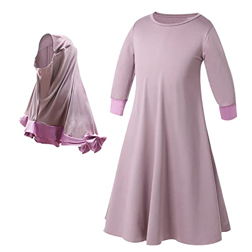 Toddler Girls Muslim Dress Abaya with Hijab Prayer Clothes Arab Solid Islamic Robe Kids Ramadan Long Skirt LDS Temple Dresses - color: B-purple, size: 5-6 Years