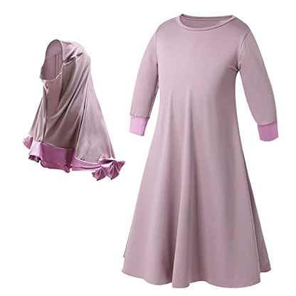 Toddler Girls Muslim Dress Abaya with Hijab Prayer Clothes Arab Solid Islamic Robe Kids Ramadan Long Skirt LDS Temple Dresses - color: B-purple, size: 3-4T