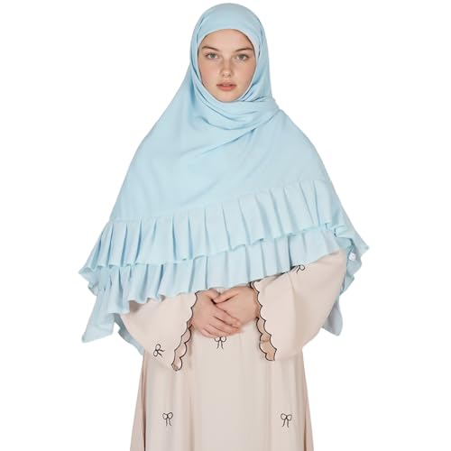 Prayer Hijab for Women Muslim Cotton Blend Lightweight Ruffled Square Scarf - color: Blue