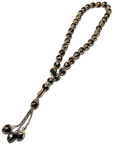 Muslim Tasbih 33 Rosary Bead AMN-276 Islam Prayer dhikr Misbaha with Masjid Image Printed on Laser Crystal Stone Beads Islamic Religion Eid Ramadan Gift (Black) - color: Black