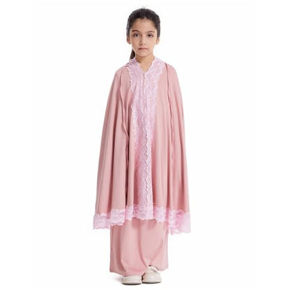 Girls Abaya Muslim Prayer Dress 2 Piece Maxi Sleeve Full Cover Lace Hijab Kaftan Tops Long Skirt Kids Soft Elastic - color: Pink, size: 5-6 Years